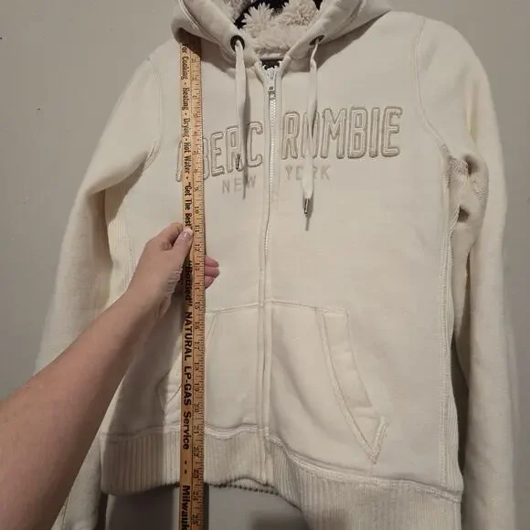 Vtg 90s Y2K Abercrombie Fitch NY AHoodie Womens L Ivory Sherpa Lined Patch Logo